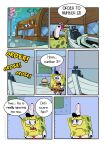  anthro burger cephalopod coleoid comic detailed_background dialogue duo english_text food hi_res male marine mollusk nickelodeon octopodiform octopus on_model pancaketiffy sea_sponge speech_bubble spongebob_squarepants spongebob_squarepants_(character) squidward_tentacles text toony 