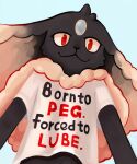  anthro black_body black_fur clothing english_text female forehead_gem fur hi_res krile_(zelletonrye) lagomorph laizd leporid mammal rabbit red_eyes shirt simple_background solo t-shirt tan_body tan_fur text topwear 