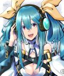  1girl adjusting_earphones blue_hair bow breasts detached_collar detached_sleeves dizzy_(guilty_gear) guilty_gear guilty_gear_xrd hair_bow hair_rings highres large_breasts listening_to_music long_hair long_sleeves looking_at_viewer mariebell open_mouth red_eyes ribbon wide_sleeves yellow_ribbon 