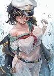  1girl anchor_symbol belt black_belt black_coat black_hair breasts cleavage coat collarbone commentary_request green_eyes green_sailor_collar haruno_(kuromitugozen) hat hishaku large_breasts murasa_minamitsu navel neckerchief open_mouth peaked_cap red_neckerchief sailor_collar sailor_shirt shirt short_hair short_sleeves shorts solo tongue tongue_out touhou water_drop white_headwear white_shirt white_shorts 