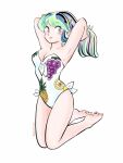  1girl amamorituyuko arms_behind_head bare_shoulders barefoot blush breasts cleavage floating fruit_print green_hair holding holding_hair horns long_hair looking_at_viewer lum one-piece_swimsuit oni_horns smile strapless strapless_swimsuit swimsuit urusei_yatsura white_background 