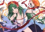  1girl alternate_hairstyle bandages bandeau blue_skirt breasts chest_sarashi cleavage commentary fire_emblem fire_emblem:_the_blazing_blade fire_emblem_heroes green_eyes green_hair holding holding_weapon large_breasts long_hair looking_at_viewer lyn_(fire_emblem) lyn_(flame)_(fire_emblem) mask mask_on_head midriff miyazakit official_alternate_costume one_eye_closed sarashi simple_background skirt solo strapless thighs tube_top very_long_hair weapon white_background 