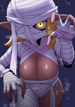  animal_humanoid bandage big_breasts blonde_hair breasts cephalopod cephalopod_humanoid cleavage clothed clothing dark_body dark_skin female glowing glowing_eyes hair hi_res huge_breasts humanoid humanoid_pointy_ears inkling looking_at_viewer marine marine_humanoid mollusk mollusk_humanoid mummy mummy_costume nintendo nobunagapero one_eye_obstructed pseudo_hair purple_background reaching_towards_viewer simple_background solo splatoon tentacle_hair tentacles thick_thighs undead wide_hips yellow_eyes 