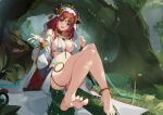  1girl :d a_fangfang_fang_fang absurdres anklet barefoot breasts circlet feet forehead_jewel full_body genshin_impact grass green_eyes harem_outfit highres horns jewelry leaf legs looking_at_viewer medium_breasts neck_ring nilou_(genshin_impact) open_mouth puffy_sleeves red_hair sitting smile solo thighs toes tree veil 
