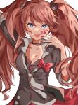  1girl :d absurdres bear_hair_ornament black_necktie black_shirt blonde_hair blue_eyes bow breasts cleavage collarbone copyright_name danganronpa:_trigger_happy_havoc danganronpa_(series) enoshima_junko grey_necktie hair_ornament heart highres large_breasts long_hair looking_at_viewer mashiro_(gjer4484) nail_polish necktie red_bow red_nails shirt simple_background skirt sleeves_rolled_up smile solo twintails white_background 
