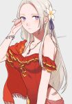  1girl commentary_request edelgard_von_hresvelg fire_emblem fire_emblem:_three_houses fire_emblem_heroes flower forehead grey_background grey_hair hair_flower hair_ornament hair_ribbon highres looking_at_viewer official_alternate_costume one-piece_swimsuit peach11_01 purple_eyes purple_ribbon red_one-piece_swimsuit ribbon simple_background single_bare_shoulder solo swimsuit white_flower 
