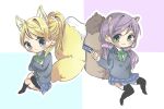  2girls animal_ear_fluff animal_ears ayase_eli black_socks black_thighhighs blazer blonde_hair blue_eyes blue_jacket blue_skirt blush bow bowtie card chibi closed_mouth collared_shirt commentary_request crossed_arms crossed_legs fox_ears fox_girl fox_tail green_bow green_bowtie hair_ornament hair_scrunchie holding holding_card invisible_chair jacket kashikaze kemonomimi_mode kneehighs large_tail long_hair long_sleeves love_live! love_live!_school_idol_project low_twintails medium_hair multiple_girls no_shoes otonokizaka_school_uniform outline plaid plaid_skirt pleated_skirt purple_hair purple_scrunchie raccoon_ears raccoon_girl raccoon_tail school_uniform scrunchie shirt sitting skirt socks striped striped_bow striped_bowtie tail thighhighs toujou_nozomi twintails white_outline white_shirt 