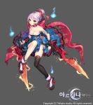  1girl arcana_tactics armlet blue_dress bow breasts character_request cleavage copyright dress facial_tattoo green_eyes grey_background hair_bun hanbok heterochromia holding holding_sword holding_weapon korean_clothes lerome logo looking_at_viewer medium_breasts official_art red_bow red_eyes simple_background single_thighhigh solo sword tattoo thighhighs weapon 