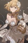  1girl :o armor blonde_hair breasts brown_eyes cleavage cowboy_shot detached_collar detached_sleeves djeeta_(granblue_fantasy) dress earrings glorybringer_(granblue_fantasy) granblue_fantasy hashibiro_kou_(garapiko_p) highres jewelry looking_at_viewer medium_breasts short_hair shoulder_armor single_bare_shoulder single_earring solo strapless strapless_dress thighhighs white_dress white_thighhighs wind 