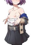  1girl bernadetta_von_varley black_pantyhose blush breasts breasts_out clothes_pull collarbone commentary_request fire_emblem fire_emblem:_three_houses head_out_of_frame highres morisobo nipples pantyhose purple_hair short_hair simple_background skirt small_breasts solo white_background 