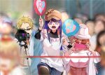  1boy 2girls black_thighhighs blonde_hair blue_shirt blue_skirt blurry blurry_background breasts brown_hair brown_headwear camera commentary_request disguise funi_mu9 glasses hand_on_another&#039;s_head hat highres holding holding_camera holding_phone hoshino_ai_(oshi_no_ko) long_hair looking_at_another looking_at_viewer multiple_girls off_shoulder open_mouth oshi_no_ko people phone pink_skirt puffy_sleeves purple_eyes purple_hair saitou_ichigo saitou_miyako shirt skirt sunglasses symbol-shaped_pupils taking_picture thighhighs towel towel_around_neck upper_body white_headwear wide_sleeves 