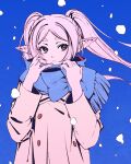  1girl blue_scarf coat earrings elf frieren green_eyes jewelry long_sleeves moshimoshibe pointy_ears scarf snow snowing solo sousou_no_frieren thick_eyebrows twintails white_coat white_hair winter winter_clothes winter_coat 