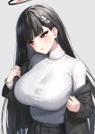  1girl black_hair black_skirt blue_archive blunt_bangs blush breasts grey_background hair_ornament hairclip halo jacket large_breasts long_hair long_sleeves looking_away pantyhose parted_lips pensuke pleated_skirt red_eyes rio_(blue_archive) skirt solo sweater turtleneck turtleneck_sweater very_long_hair white_sweater 