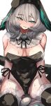  1girl 360_(taiyo360) absurdres aqua_eyes arknights bare_shoulders black_hair blush breasts egg fur_trim grey_hair grin head_wings highres ho&#039;olheyak_(arknights) medium_hair mole mole_on_breast playboy_bunny sitting smile solo sweat tail wings 