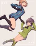  2girls :d ahoge amatori_chika black_eyes black_footwear black_gloves black_hair black_shorts blue_jacket bob_cut boots breasts brown_hair closed_mouth cosplay costume_switch floating gloves green_eyes green_footwear green_gloves green_jacket grey_background hands_up headphones highres holding_hands interlocked_fingers jacket jumping knee_boots knees_together_feet_apart konami_kirie looking_at_viewer mikumo_squad&#039;s_uniform multiple_girls naridc3 open_mouth pocket purple_eyes short_hair shorts smile world_trigger 