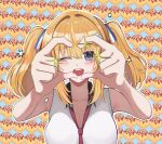  1girl ;d blonde_hair blue_eyes blush breasts bright_pupils cleavage commentary eyelashes eyes_visible_through_hair foreshortening french_flag futamata_ren&#039;ai hair_between_eyes hair_intakes hair_ribbon hands_up happy heart heart_hands heart_hands_over_eye highres large_breasts long_hair looking_at_viewer multicolored_ribbon one_eye_closed open_mouth ribbon round_teeth shirt sleeveless sleeveless_shirt smile solo sparkle straight-on teeth toiro_kirame twintails upper_body upper_teeth_only west_gon white_pupils white_shirt 