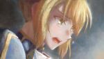  1girl artoria_pendragon_(fate) blush chinese_commentary commentary_request crying elvafirst english_commentary fate/stay_night fate_(series) green_eyes highres open_mouth portrait saber sidelocks solo tears 