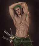  1boy abs armpit_hair armpits bara closed_mouth earrings green_hair jewelry large_pectorals male_focus muscular muscular_male navel nipples one_eye_closed one_piece patreon_username pectorals roronoa_zoro scar scar_across_eye scar_on_chest scar_on_face short_hair solo topless_male twitter_username urielbeaupre15 weapon 