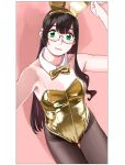  1girl absurdres animal_ears aqua_eyes arm_up bare_shoulders black_hair black_pantyhose border breasts detached_collar fake_animal_ears glasses gold_leotard highres kantai_collection long_hair looking_at_viewer medium_breasts ojipon ooyodo_(kancolle) pantyhose parted_lips pink_background playboy_bunny semi-rimless_eyewear solo white_border 