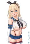  1girl atago_(kancolle) black_hairband black_neckerchief black_panties blue_sailor_collar blue_skirt blush breasts cosplay cowboy_shot crop_top elbow_gloves gloves hairband highleg highleg_panties kantai_collection large_breasts long_hair looking_at_viewer microskirt navel neckerchief open_mouth panties sailor_collar shimakaze_(kancolle) shimakaze_(kancolle)_(cosplay) simple_background skirt solo striped striped_thighhighs tf_cafe thighhighs thong twitter_username underwear white_background white_gloves 