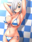  1girl absurdres armpits arms_behind_head bikini blue_bikini blue_eyes breasts checkered_background cleavage commission covered_navel cowboy_shot embarrassed front-tie_bikini_top front-tie_top grey_hair hair_ornament hair_over_one_eye hairclip hamakaze_(kancolle) highres kantai_collection large_breasts pixiv_commission short_hair side-tie_bikini_bottom sofmap_background solo step_and_repeat swimsuit zanntetu 