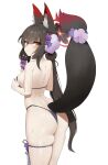  1girl absurdres animal_ears ass bare_shoulders bikini black_hair blue_archive blush breasts flower fox_ears fox_girl fox_tail hair_flower hair_ornament highres large_breasts long_hair looking_back multicolored_hair purple_flower seya_(sseya33) simple_background skindentation solo streaked_hair swimsuit tail tail_flower tail_ornament thigh_strap thighs twintails very_long_hair wakamo_(blue_archive) wakamo_(swimsuit)_(blue_archive) wet white_background yellow_eyes 