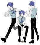  1boy 3cnfw ascot black_footwear black_pants blue_ascot blue_hair blue_vest chesed_(project_moon) closed_mouth coffee collared_shirt cup full_body highres holding holding_cup lobotomy_corporation looking_to_the_side male_focus mug multiple_views pants project_moon shirt shoes simple_background smile solo vest white_background yellow_eyes 