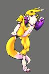  ambiguous_gender anthro bandai_namco chest_tuft claws clothing digimon digimon_(species) digitigrade featureless_crotch gloves handwear muscular natuprunk navel one_foot_raised open_mouth renamon solo tuft yin_yang 