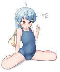  1girl absurdres ahoge blonde_hair blue_hair blue_one-piece_swimsuit flat_chest gradient_hair highres kantai_collection long_hair low-tied_long_hair maru_(marg0613) multicolored_hair one-hour_drawing_challenge one-piece_swimsuit red_eyes sado_(kancolle) school_swimsuit simple_background sitting solo swimsuit v wariza white_background 