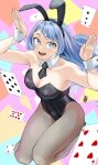  1girl absurdres animal_ears black_leotard blue_eyes blue_hair boku_no_hero_academia breasts brown_pantyhose card cleavage commentary detached_collar fake_animal_ears fengling_(furin-jp) hadou_nejire hands_up highleg highleg_leotard highres leotard long_hair looking_at_viewer medium_breasts open_mouth pantyhose playboy_bunny playing_card rabbit_ears rabbit_tail solo strapless strapless_leotard tail wrist_cuffs 