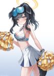 1girl animal_ears bare_arms bare_shoulders black_hair blue_archive blue_eyes blush breasts cheerleader closed_mouth collarbone cowboy_shot crop_top dog_ears dog_girl dog_tail eyewear_on_head goggles goggles_on_head gradient_background halo heeri hibiki_(blue_archive) hibiki_(cheer_squad)_(blue_archive) highres holding holding_pom_poms long_hair looking_at_viewer millennium_cheerleader_outfit_(blue_archive) miniskirt official_alternate_costume pleated_skirt pom_pom_(cheerleading) skirt solo standing star_sticker sticker_on_face sunglasses sweat tail text_print white_skirt yellow_halo 