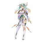  1girl asymmetrical_clothes bandages blue_eyes boots breasts closed_mouth commentary_request fire_emblem fire_emblem_heroes full_body gradient_clothes gradient_hair green_hair hair_ornament heidr_(fire_emblem) heterochromia highres holding lips long_hair looking_at_viewer medium_breasts multicolored_hair official_art orange_hair pants pelvic_curtain purple_hair silver_trim simple_background single_boot solo standing thigh_strap thighs twintails wand white_background wide_sleeves yellow_eyes yoshiku_(oden-usagi) 