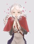  1girl ahoge black_bridal_gauntlets braid capelet facing_viewer fire_emblem fire_emblem_fates francisco_mon fujoshi heart hood hooded_capelet long_hair looking_at_viewer low_twin_braids nina_(fire_emblem) o-ring_harness own_hands_together parted_bangs red_capelet red_hood smile solo teeth twin_braids upper_body upper_teeth_only white_hair 