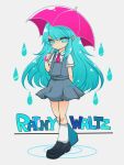  1girl aoi_shouko black_footwear blue_eyes blue_hair collared_shirt english_commentary eyelashes fujiwhite182 grey_background highres holding holding_umbrella long_hair necktie pink_necktie pink_umbrella pop&#039;n_music rain ripples shirt short_sleeves skirt socks solo suspender_skirt suspenders umbrella water_drop white_shirt white_socks 