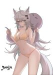  1girl absurdres ahoge animal_ears arknights bare_arms bare_shoulders bikini blue_eyes commentary_request cowboy_shot grey_hair hair_between_eyes hair_ornament hairclip hands_up highres lappland_(arknights) long_hair looking_at_viewer navel octopus simple_background smile solo standing stomach swimsuit tail thighs very_long_hair white_background wolf_ears wolf_tail yellow_bikini yuanjya 