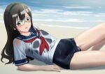  1girl anchor_symbol beach black_hair black_one-piece_swimsuit blue_sailor_collar blush glasses green_eyes green_hairband hairband highres kantai_collection long_hair looking_at_viewer mikan_29344886 neckerchief one-piece_swimsuit ooyodo_(kancolle) parted_lips red_neckerchief sailor_collar school_swimsuit short_sleeves solo swimsuit swimsuit_under_clothes water wet wet_clothes 