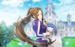  1girl blue_flower blurry blurry_background bouquet brown_hair closed_mouth day floating_hair flower from_behind hair_ribbon holding holding_bouquet holding_flower jacket long_hair long_sleeves looking_at_viewer looking_back outdoors ponytail purple_eyes purple_jacket ribbon school_uniform smile solo sortiliena_serlut standing sunlight sword_art_online sword_art_online:_alicization sword_mastery_academy_school_uniform very_long_hair white_ribbon 