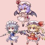  3girls :d apron ascot bat_wings black_footwear braid brown_background chibi closed_mouth collared_shirt commentary_request crystal fang flandre_scarlet full_body grey_hair hat hat_ribbon holding holding_knife izayoi_sakuya knife laevatein_(touhou) maid maid_headdress mob_cap multiple_girls one_side_up open_mouth purple_hair red_eyes red_footwear red_ribbon red_skirt red_vest remilia_scarlet ribbon shirt short_hair short_sleeves side_braids simple_background skirt smile socks sumapan touhou twin_braids vest waist_apron white_apron white_headwear white_shirt white_skirt white_socks wings yellow_ascot 