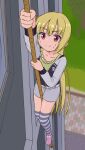  1girl arihara_nanami arm_up black_jacket blonde_hair blurry blurry_background breasts casual cleavage collarbone commentary_request day depth_of_field double-parted_bangs eyes_visible_through_hair foreshortening full_body furrowed_brow grey_jacket grey_shorts hair_between_eyes holding holding_rope jacket kazekami_nagi1 legs_together long_hair looking_at_viewer multicolored_clothes multicolored_jacket nervous_smile outdoors pink_footwear pom_pom_(clothes) ponytail red_eyes riddle_joker rope shorts sidelocks smile solo straight_hair striped striped_thighhighs sweat thighhighs two-tone_jacket very_long_hair wide-eyed 