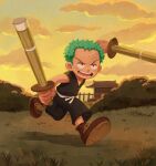  1boy aged_down black_eyes bokken child cloud commentary_request dual_wielding full_body grass green_hair highres holding holding_sword holding_weapon male_focus oekakiboya one_piece open_mouth outdoors roronoa_zoro short_hair sky solo sword teeth weapon wooden_sword 