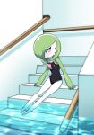  1girl absurdres bare_shoulders black_one-piece_swimsuit blurry blush bob_cut clothed_pokemon colored_skin commentary constricted_pupils covered_navel ddingyong depth_of_field embarrassed flat_chest gardevoir green_hair green_skin hair_over_one_eye highres indoors legs looking_at_viewer multicolored_skin nose_blush one-piece_swimsuit one_eye_covered open_mouth partially_submerged pokemon pokemon_(creature) red_eyes shiny_skin short_hair soaking_feet solo stairs swimsuit two-tone_skin water white_skin 