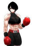  1girl abs absurdres bare_shoulders black_eyes black_hair black_shorts boxing_gloves breasts closed_mouth commentary english_commentary hair_over_one_eye hand_up highres looking_at_viewer medium_breasts original short_hair shorts simple_background solo white_background yoemi 