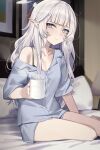  1girl absurdres arona&#039;s_sensei_doodle_(blue_archive) bare_legs bed_sheet black_bra blue_archive blunt_bangs blush bra breasts collarbone commentary cup earclip grey_hair grey_shirt grey_shorts halo highres himari_(blue_archive) holding holding_cup indoors light_smile long_hair looking_at_viewer mole mole_under_eye on_bed pillow pointy_ears pov reflection sensei_(blue_archive) shirt shorts single_bare_shoulder sitting small_breasts solo underwear very_long_hair wakamepiza yokozuwari 