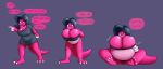  anthro belly big_belly big_breasts black_hair breast_expansion breasts clothing damaris_(lazygartuz) dialogue expansion female hair hi_res huge_breasts inflation lazygartuz pink_body scalie simple_background sitting solo speech_bubble standing text unknown_species 