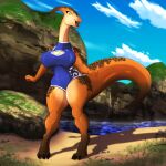  1:1 amber_(undeadkitty13) anthro biped breasts clothed clothing cloud dinosaur female fingers grass hadrosaurid hi_res non-mammal_breasts open_mouth open_smile ornithischian parasaurolophus plant reptile scalie smile solo swimwear tail undeadkitty13 water 