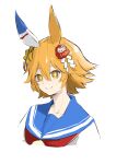  +_+ 1girl absurdres animal_ears closed_mouth clover_hair_ornament commentary_request daruma_doll ear_covers flipped_hair four-leaf_clover_hair_ornament hair_between_eyes hair_ornament highres horse_ears horse_girl matikanefukukitaru_(umamusume) neckerchief orange_eyes orange_hair partial_commentary red_neckerchief sailor_collar sanada_ina shirt short_hair simple_background single_ear_cover smile solo umamusume upper_body white_background white_shirt 