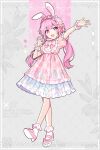  1girl :d animal_ears bow bowtie commentary dress fake_animal_ears frilled_dress frilled_sleeves frills hairband highres lolita_fashion lolita_hairband looking_at_viewer low_twintails ootori_emu open_mouth pink_bow pink_bowtie pink_dress pink_eyes pink_footwear pink_hair project_sekai puffy_short_sleeves puffy_sleeves rabbit_ears rainbow_print shoes short_sleeves smile socks solo twintails unicorn_print waka_(wk4444) white_socks wrist_cuffs 