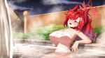  blue_archive blue_eyes blush breasts choker fang halo highres horns huge_breasts large_breasts megu_(blue_archive) nude onsen red_horns wet_towel yolo_generations 