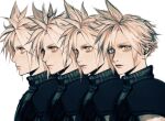  1boy 9ibem armor blonde_hair cloud_strife earrings expressionless final_fantasy final_fantasy_vii jewelry looking_at_viewer looking_to_the_side male_focus multiple_views parted_lips pauldrons short_hair shoulder_armor simple_background sleeveless sleeveless_turtleneck spiked_hair stud_earrings turning_head turtleneck upper_body white_background yellow_eyes 