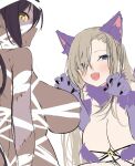  2girls animal_ears asuna_(blue_archive) bandages black_hair blue_archive blush breasts claw_pose cleavage cosplay dark-skinned_female dark_skin fate/grand_order fate_(series) gloves hair_between_eyes hair_over_one_eye halloween_costume highres huge_breasts karin_(blue_archive) large_breasts long_hair looking_at_viewer mash_kyrielight mash_kyrielight_(dangerous_beast) mash_kyrielight_(dangerous_beast)_(cosplay) multiple_girls nidaime_(doronbo) open_mouth patchwork_skin simple_background sketch upper_body very_long_hair white_background yellow_eyes 